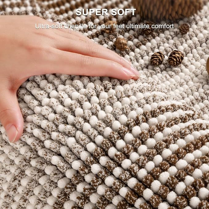 Bathroom Rugs Sets 2 Piece, 32"x20" + U-Shaped 24"x20", Coffee | Ultra Soft Absorbent, Chenille Contour Toilet Rug, Non Slip Striped, Quick Dry Machine Washable, Shower Rug for Bathroom