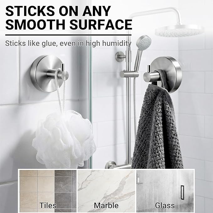 cleanan Suction Cup Hooks for Shower Wall - Heavy Duty Stainless Steel Bathroom Hanger, Vacuum Towel Hooks for Inside Shower Glass Door, Tile & Mirror, Waterproof Loofah Robe Holder No Drill (2 Pack)