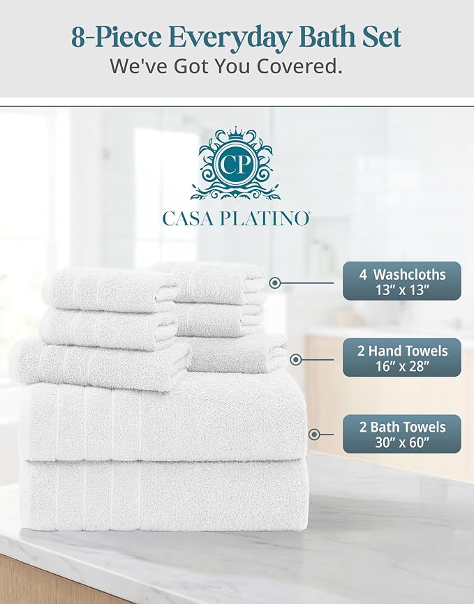 Casa Platino Large Bath Towel Set Absorbent Quick Dry 100% Cotton - White | Cotton Towels - Fade-Resistant Color, Classic Terry Weave, Densely Woven, Coordinated Colors, Dobby Border Accent