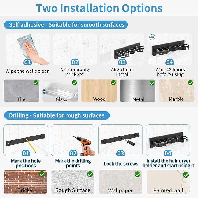 BOIVSHI Hair Dryer Holder Wall Mounted, Self-Adhesive or Drill Mount | Blow Dryer Holder, Straightener, Curling Iron and Hot Tools Organizer, Flat Iron Metal, for Bathroom, Salon, Vanity - Black