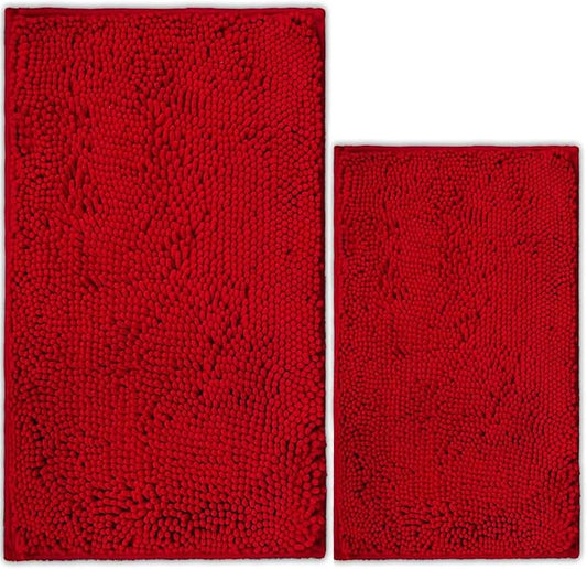 Bathroom Rugs Chenille Bath mat 2 Piece Set, Super Absorbent, Strong PVC Non Slip Backing, Bath mats for Bathroom, Plush Shaggy, Thick, Machine Washable, Bathtub, Toilet.(Red)