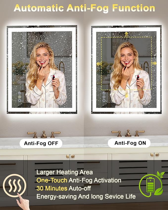 72x32 LED Bathroom Mirror, 6000LM, Separate Front and Back Lights | Shatter-Resistant Tempered Glass,Auto-Off Defogger,3 Color Modes,Smooth Dimming,Smart Memory Setting
