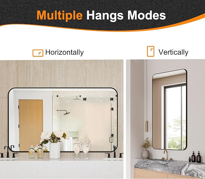 Delma Bathroom Vanity Mirror, Black Framed Mirror for Over Sink, 50x30 | HD glass, distortion-free for makeup and grooming, Sturdy frame, all mounting hardware, hangs horizontal or vertical