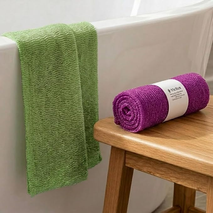 2PCS Exfoliating Washcloth Towel - Exfoliating Body Scrubber Exfoliator, Loofah Sponge Wash Cloth, Korean & Japanse & African Net Sponge Rag - Back Scrubber Washer (Olive Green+Deep Purple)
