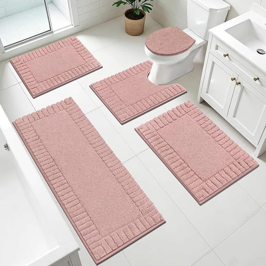Pauwer Bathroom Rugs Set 5 Piece Non Slip Washable Bath Mat, Dusty Pink | U Shaped Contour Toilet Rugs, Soft Plush, Absorbent, Microfiber Shower Rug, Quick Dry Toilet Lid Cover
