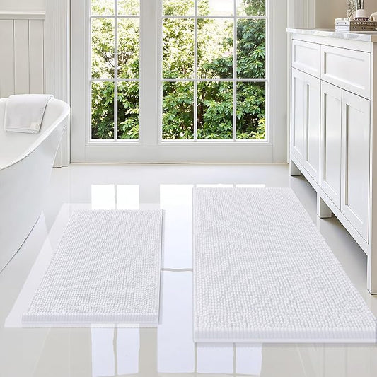 Smiry Chenille Bathroom Rugs Sets 2 Piece (36x24+24x16, White) | Soft Absorbent Machine Washable Non Slip Shaggy Bath Rug Set for Tub, Shower, and Floor, Home Decor