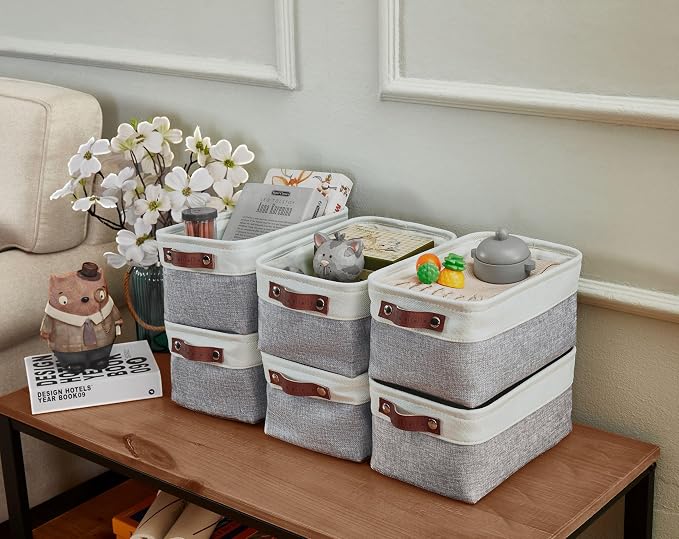 DECOMOMO Small Storage Basket, Closet Storage Bins, Baskets for Organizing Shelves (Grey & White, Small - 6 Pack)