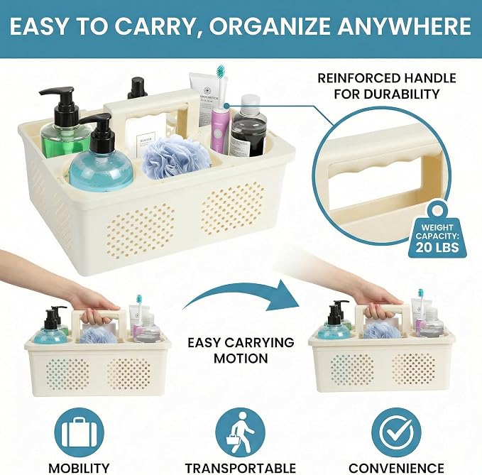 KMV Dorm Room Portable Shower Caddy with Adjustable Compartments - Ventilated Drainage Design with Handles, Perfect Toiletries Organizer for College Dorms-beige