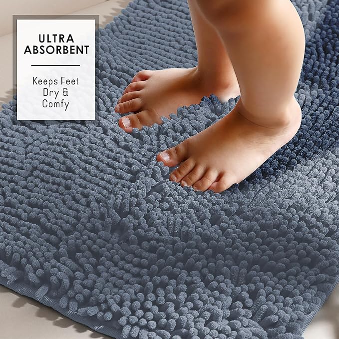 Hearth & Harbor Bathroom Rugs, Chenille Bath Mat - Machine Washable Bath Mats for Bathroom Non-Slip Backing Rubber, Quick Dry Bathroom Mat, 20 x 32 - Stone Blue