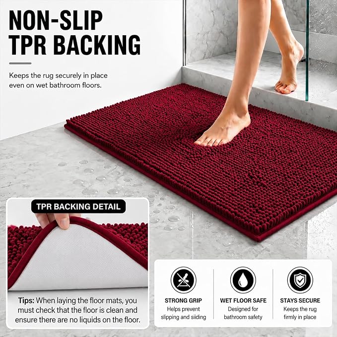 Bathroom Rugs Sets 2 Piece,Super Absorbent Soft,Thick,Machine Washable Chenille Bath Mat,Non Slip Toilet Floor Rug,Bath Mats for Bathroom,20x32 Plus 20x20 U Shape,Burgundy