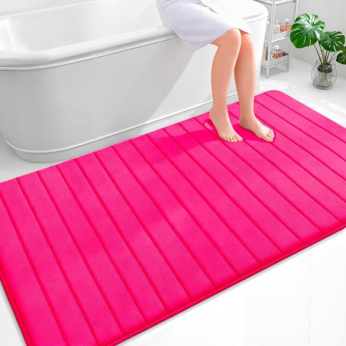 OLANLY Memory Foam Large Bath Mat 70x46, Super Soft Absorbent Bathroom Rugs | Hot Pink, Quick Dry Bath Rug, Machine Washable Shower Floor Mats, Bathmat Carpet for Bathroom Floor, Tub and Shower