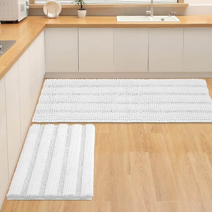 Non Slip Thick Shaggy Chenille Bathroom Rug Sets 2 Piece, Thickened Hot Melt Rubber Bottom Bath Mats for Bathroom, Bath Rugs Quick Dry Machine Washable for Shower (White, 47"x17" Plus 17"x24")