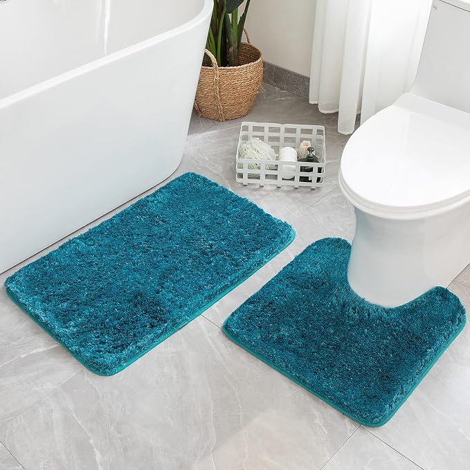 MIULEE Teal Bathroom Rugs Set 2 Piece Soft Bath Mats 20x20+20x32 Inch | Absorbent Microfiber Bath Mat and U-Shaped Toilet Rug, Non Slip, Quick Dry, for Bathroom Floor Tub Showers, Machine Washable