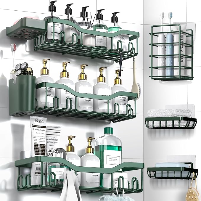 NESOMI Shower Caddy Adhesive Shower Organizer 8-Pack, Rustproof Stainless Steel Bathroom Shelves, Large Capacity No-Drill Rack Storage Accessories with Soap Dish Toothbrush Holder Hooks