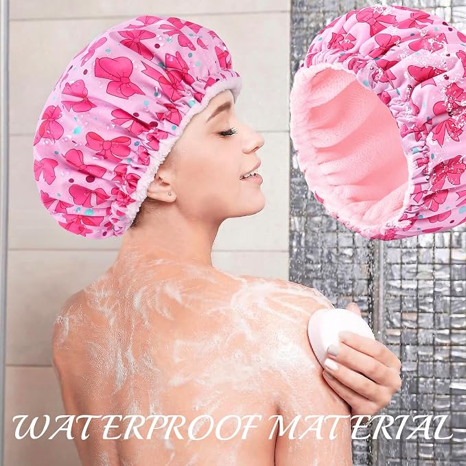 Aileam Pink Bow Shower Cap for Women, Terry Lined Bath Cap Large Reusable Waterproof Shower Hair Cap for Long Thick Hair