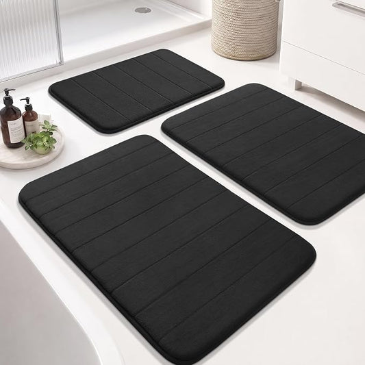 Yimobra Memory Foam Bath Mat Set 3 Pieces- Super Soft Absorbent Quick Dry Bathroom Rug Sets, Machine Washable Non Slip Floor Carpet for Tub Shower, Vanity & Toilet Base, Black