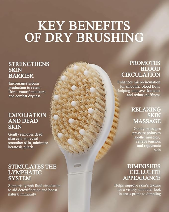 Shower Brush for Massage Dry Brushing: Back Scrubber for Shower with 18.1 in Anti Slip Long Handle - Bath Body Brush for Lymphatic Drainage Exfoliator Improving Skin Health for Women Men Elderly Black