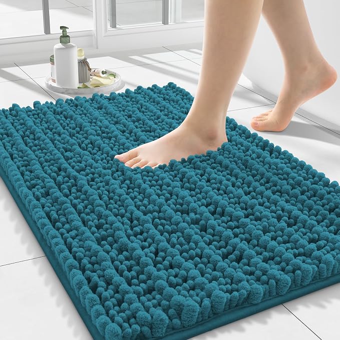 Smiry Bathroom Rugs 24X16, Extra Soft Rubber Backing Chenille Bath Mats | Lake Blue Machine Washable Non Slip Quick Dry Bath Mats for Bathroom Floor, Tub, Shower, Home Decor Accessories