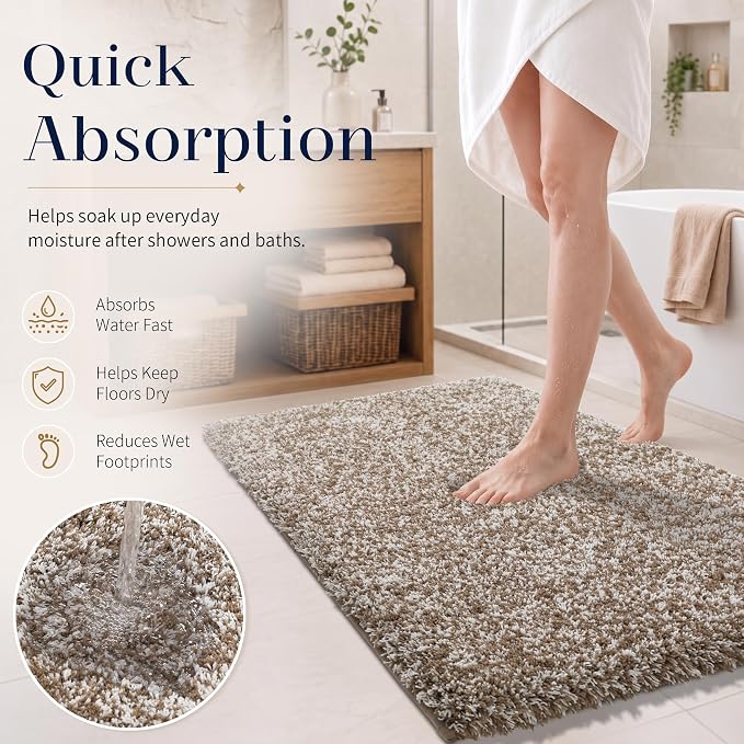 Yimobra Bathroom Rugs Non Slip Washable, Ultra Soft and Water Absorbent Bath Mats, Plush Fluffy Shower Mat Outside, Microfiber Thick Matts for Bathroom Floor/Sink, 24X17, Light Brown and White