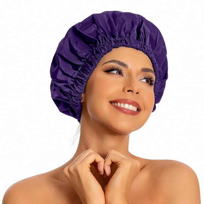 Edoneery Shower Caps for Women Reusable Waterproof, Shower Hair Cap | Washable Bonnet, Wide Elastic Band, Large Fit, Holds Long Hair, Braids Friendly, Bath Accessories, Spa, Travel