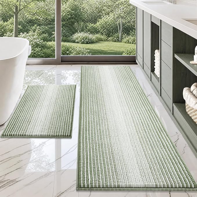 BSICPRO Bathroom Rugs Sets 2 Piece, Non Slip Bath Mats, Greyish Green | 24"x70" Plus 20"x32", Soft Absorbent Striped Chenille, Quick Dry Machine Washable, Shower Rug for Bathroom Bedroom Décor