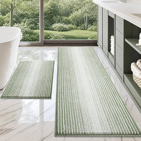 BSICPRO Bathroom Rugs Sets 2 Piece, Non Slip Bath Mats, Greyish Green | 24"x70" Plus 20"x32", Soft Absorbent Striped Chenille, Quick Dry Machine Washable, Shower Rug for Bathroom Bedroom Décor