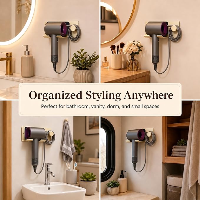 BVL Brushed Gold Hair Dryer Holder Wall Mount, Aluminum Blow Dryer Rack with Anti-Scratch Pad, Adhesive Pad & Screws Included, Renter Friendly Bathroom Organizer
