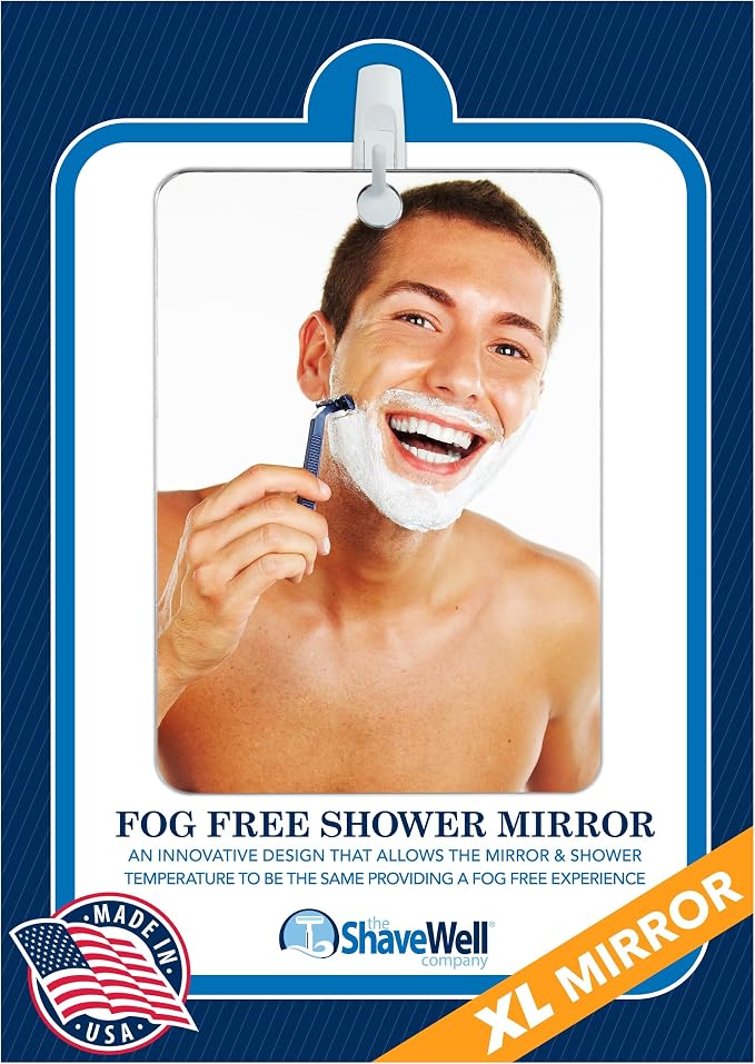 Shave Well X-Large Anti-Fog Shaving Mirror with Removable Adhesive Hook | XL Fogless Hanging Bathroom Shower Mirror with Handheld Option | Includes Long-Lasting Removable Adhesive Hook for Wall
