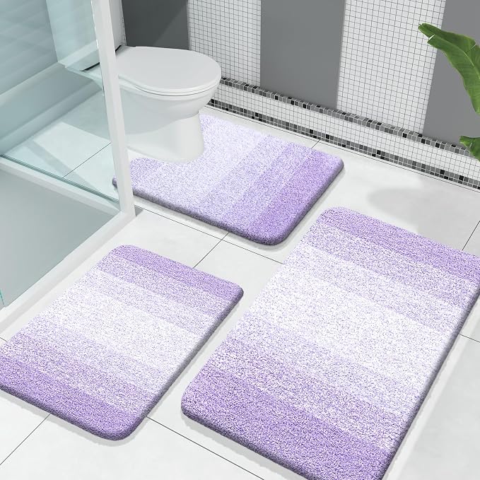 OLANLY Microfiber Bathroom Rugs Sets 3 Piece, 30"x20"+24"x16"+24"x20" | Light Purple, Soft Absorbent Bath Mats and U-Shaped Contour Toilet Rug, Machine Wash Dry, Plush Bath Mat Set for Bathroom