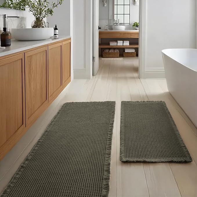JIUZHEN Set of 2 Waffle Bath Mats Boho Bathroom Runner Rug 20"x32"+24"x60" | Olive Green, Non Slip, Super Absorbent, Washable, Soft, Fast Drying Bath Rug and Bathroom Runner for Kitchen Hallway Laundry
