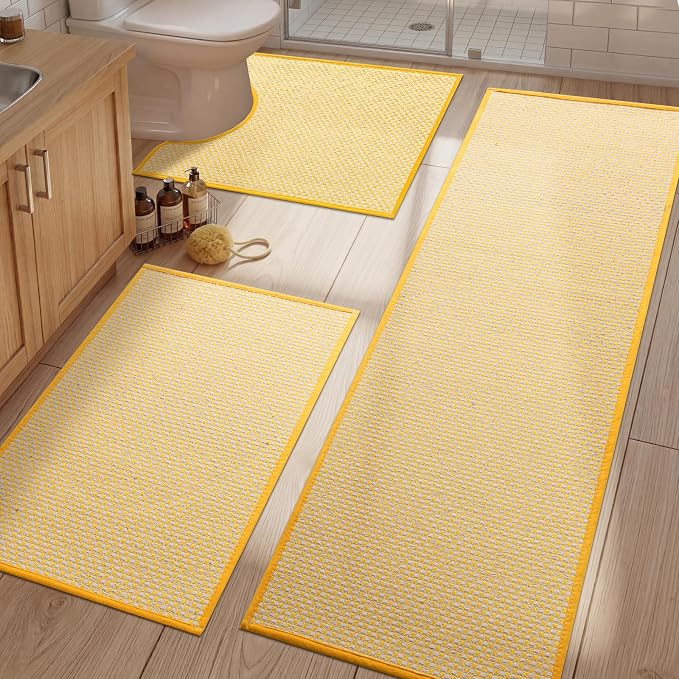 YIHOUSE Thin Bath Mat Yellow Bathroom Rugs Sets 3 Pieces, Non Slip Absorbent Bath Mats Quick Dry, Woven Braided Rugs Washable,Tapetes para Baño for Bathroom,Bathtub(17.5"x24"U+17"x24"+17"x47")