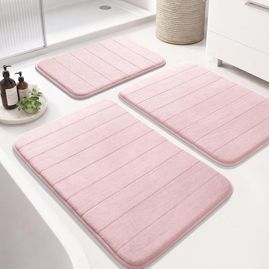 Yimobra Memory Foam Bath Mat Set 3 Pieces- Super Soft Absorbent Quick Dry Bathroom Rug Sets, Machine Washable Non Slip Floor Carpet for Tub Shower, Vanity & Toilet Base, Pink