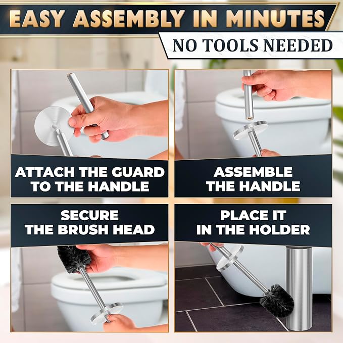 Stainless Steel Toilet Brush and Holder Set - Free-Standing Toilet Bowl Brush and Holder with Removable Inner Bowl, Splash Cover, Sturdy Bristles, Corrosion & Scratch Resistant - Modern Toilet Design