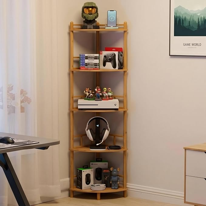 5-Tier Expandable Bamboo Corner Shelf Stand,Corner Bookshelf, Display Storage Shelves with Open Shelves, for Organization and Storage, Living Room, Home Office, Garage (Natural, 5-Tier WithRail)