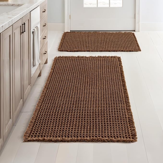 MIULEE Set of 2 Waffle Bathroom Rugs Boho Bath Mat Mocha 17"x24"+18"x30" | Non Slip, Super Absorbent, Washable, Ultra Soft, Rubber Backed, Small Bath Rugs for Bathroom Floor Tub Shower