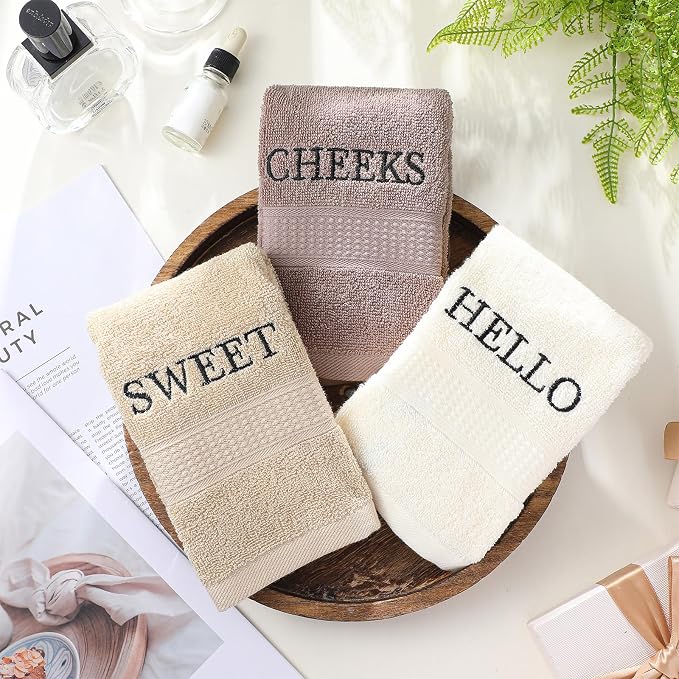3 Pcs Hand Towels Bathroom Set,Brown,Hello Sweet Cheeks | Embroidered Cotton Farmhouse Towels, Kitchen Decor, Rustic Boho Decorative with Text Labels, Guest Bath Home