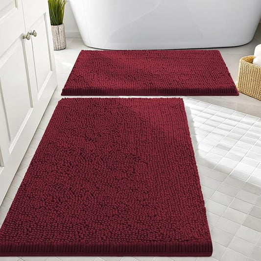 Smiry Chenille Bathroom Rugs Sets 2 Piece (30x20+24x16, Burgundy) | Soft Absorbent Machine Washable Non Slip Shaggy Bath Rug Set for Tub, Shower, and Floor, Home Decor