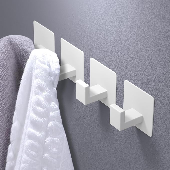 VAEHOLD Wall Towel Hooks, Heavy Duty Sticky Holder Waterproof Towel Hooks for Hanging Coat, Clothes, Closet Hook Wall Mount for Kitchen (White, 4 Pack)