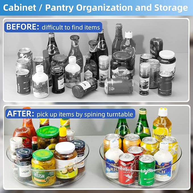 4 Pack Lazy Susan 11.5" Inch Turntable Organizer Organization Storage Container Bins Spice Rack Cabinet Rotating Condiment for Pantry Countertop Kitchen Vanity Bathroom Jewelry Holder Clear
