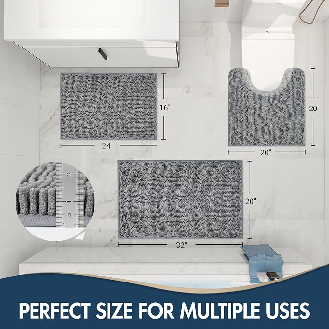 TREETONE Bathroom Rugs Sets, Thick Soft Absorbent 3 Piece Chenille Bath Rugs, Non-Slip, Dry Quickly, Machine Washable, Shaggy Mats with U-Shaped Toilet Rug for Bathroom Floor, Tub and Shower, Grey