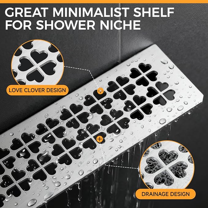Shower Niche Shelf Fit for Schluter Prefabricated Kerdi Board SN/-SNLT, 4mm Thick, Love Clover Design, Brushed Finish, 304 Stainless Steel Material, Ideal for Use in Tiled Wall Applications