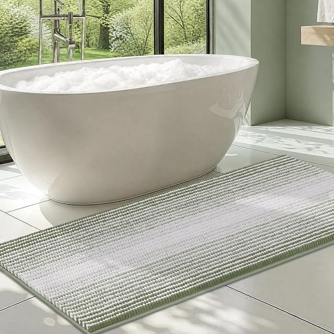BSICPRO Large Bathroom Rugs Runner, 22x60 Striped Bath Mats, Greyish Green | Non Slip Chenille Backing, Extra Soft Absorbent, Quick Dry Machine Washable, Shower Rug for Bathroom Bedroom Decor