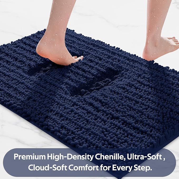 ACCUMTEK Upgrade Luxury 2 Piece Navy Blue Toilet Bathroom Rug Mat 48"x20"+24"x17", Ultra Soft Thick Absorbent Bath Mats, Non Slip Chenille Toilet Mat for Bathroom, Bedroom, Kitchen, Shower, Tub