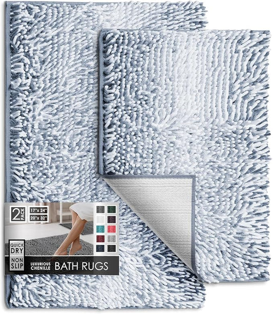 Hearth & Harbor Bathroom Rugs, Chenille Bath Mat - Machine Washable Bath Mats for Bathroom Non-Slip Backing Rubber, Quick Dry Bathroom Mat, 17 x 24 + 20 x 32 - Ombre Blue