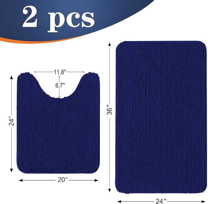 OLANLY Chenille Bathroom Rugs Mats Sets 2 Piece, 36"x24"+24"x20", Navy | Soft Absorbent Bath Mat and U-Shaped Contour Toilet Rug Set, Quick Dry, Machine Washable Bath Carpet, Home Decor Accessories