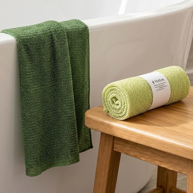 2PCS Exfoliating Washcloth Towel - Exfoliating Body Scrubber Exfoliator, Loofah Sponge Wash Cloth, Korean & Japanse & African Net Sponge Rag - Back Scrubber Washer (Olive Green+Grass Green)