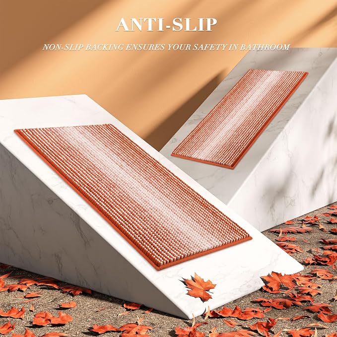 Bathroom Rugs Sets 2 Piece, Non Slip Bath Mats, Sunset Orange | 24"x70" Plus 20"x32", Soft Absorbent Striped Chenille, Quick Dry Machine Washable, Shower Rug for Bathroom Bedroom Décor