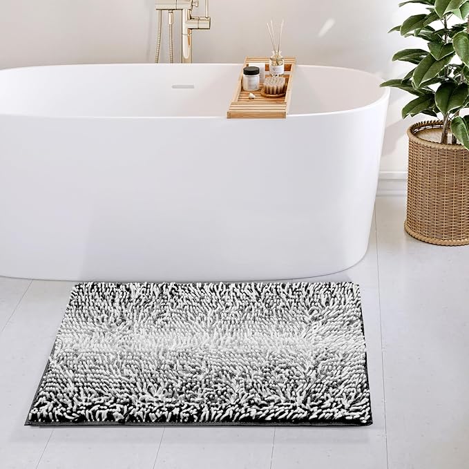 Hearth & Harbor Bathroom Rugs, Chenille Bath Mat - Machine Washable Bath Mats for Bathroom Non-Slip Backing Rubber, Quick Dry Bathroom Mat, 20 x 32 - Ombre Black