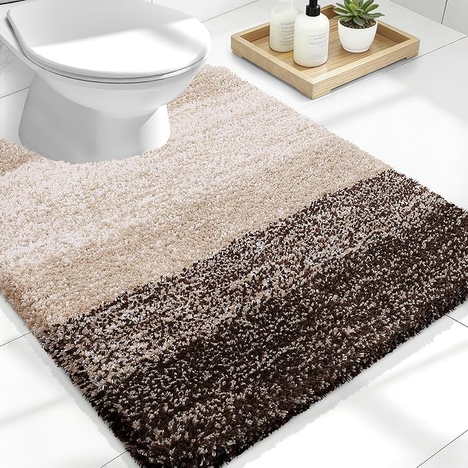 OLANLY Luxury Toilet Rugs U-Shaped 24x20, Soft Absorbent Microfiber Mat | Light Brown, Non-Slip Quick-Drying Rubber Backing, Washable Plush Contour Bath Mat for Toilet Base, Home Decor Accessories