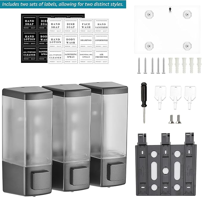 Shower Shampoo Dispenser 3 Chamber No Drill, Grey | Wall Mounted, Large Capacity 3×16.9oz, ABS Plastic Material, Refillable With Labels, For Bathroom Hotel